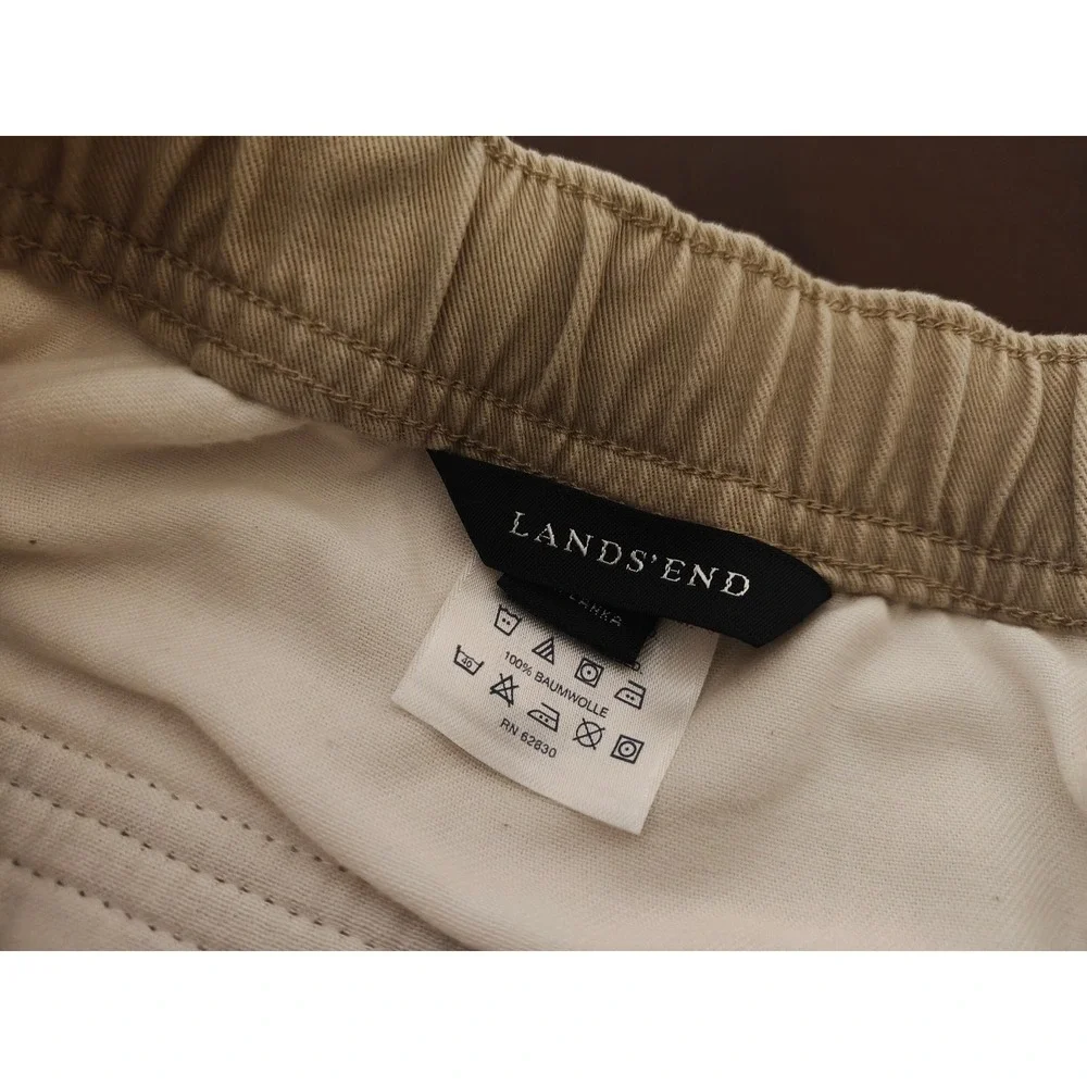 Lands End Mens Khaki Cargo Pants Tan Cotton Elastic Waist Straight Leg 32-34 M
